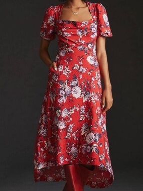 Anthropologie Maeve Puff Sleeve Dress Red Purple Floral Women's Size 0 Midi